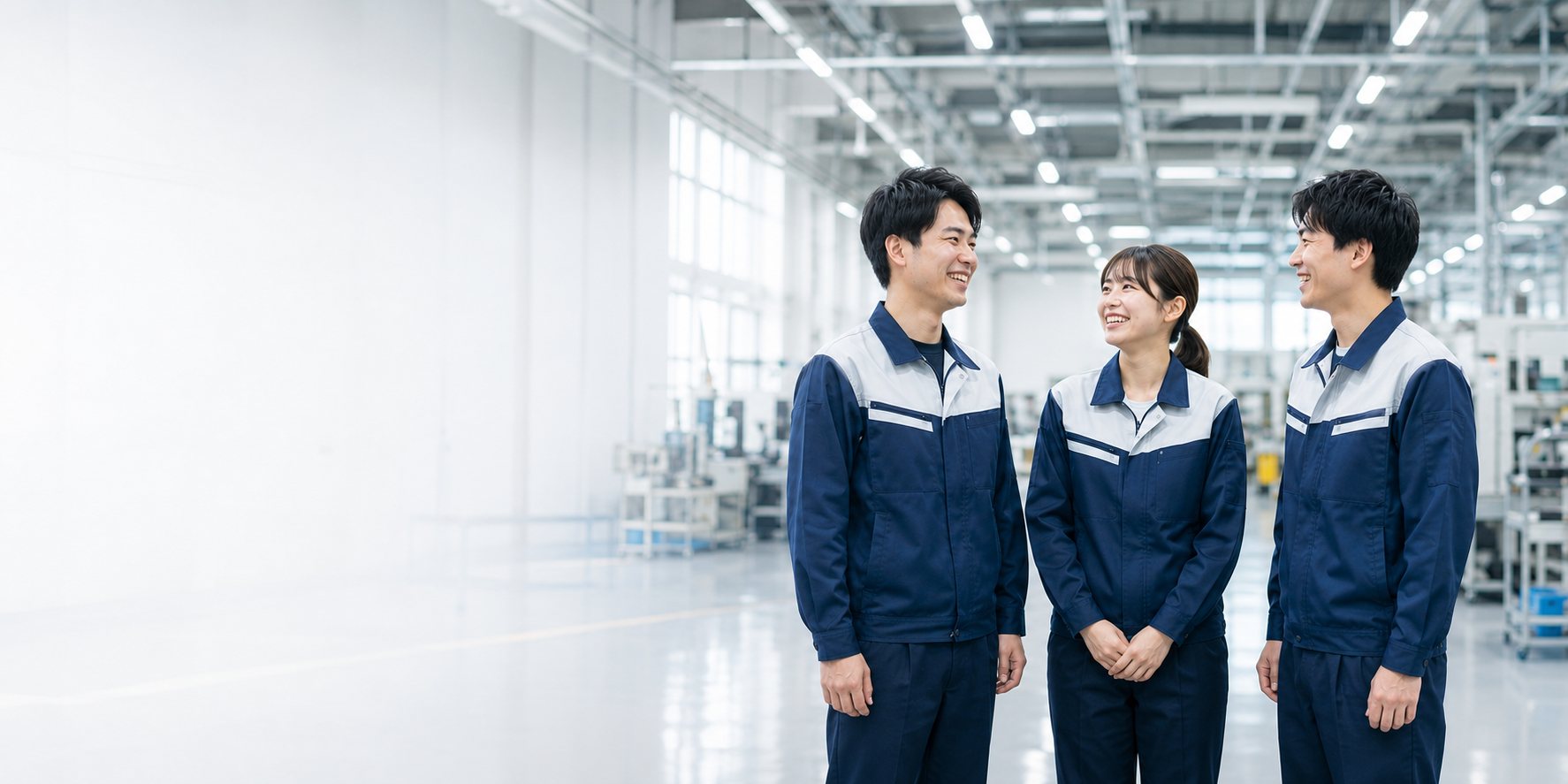 明るい表情で談笑するミライテックの製造スタッフ3名