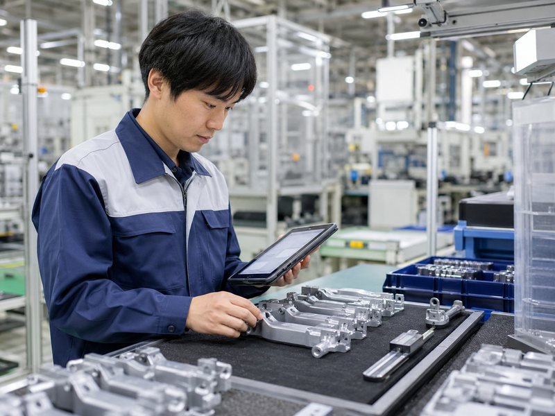 タブレットで品質確認データを記録するスタッフ