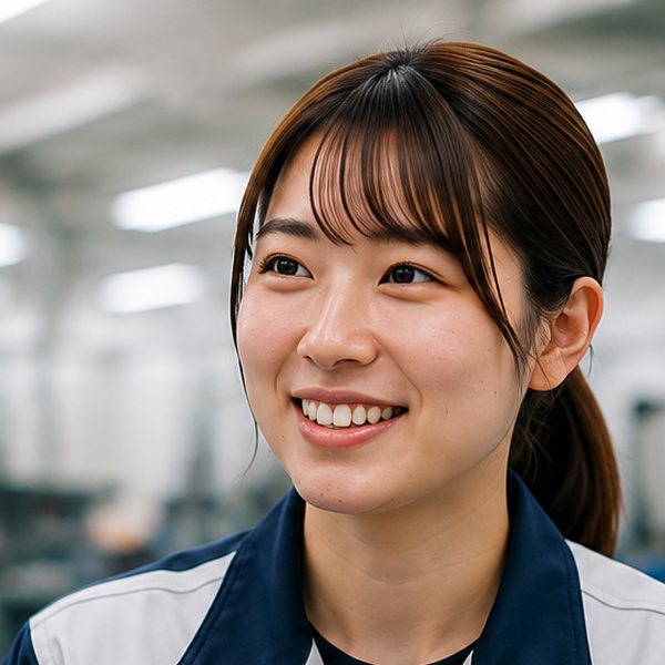 工場内で笑顔を見せる女性スタッフ佐藤さんのポートレート