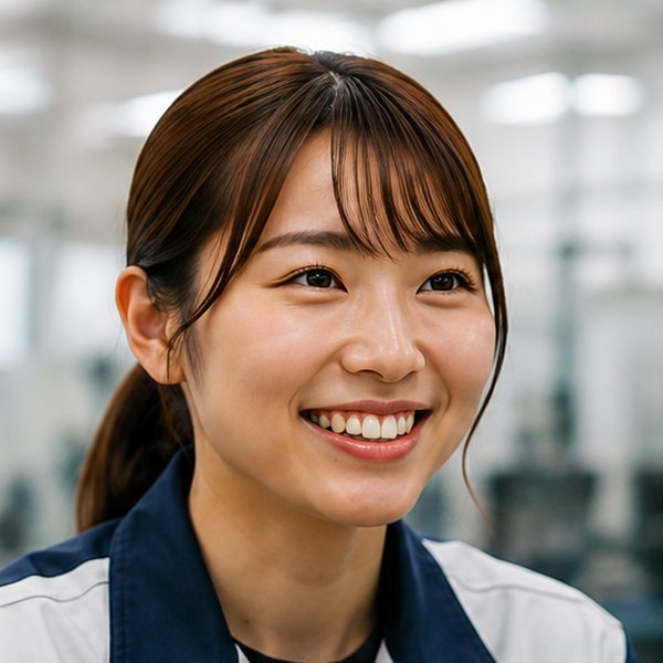 工場内で笑顔を見せる女性スタッフ鈴木さんのポートレート