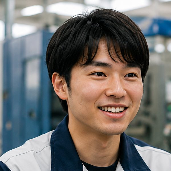 工場内で笑顔を見せる男性スタッフ田中さんのポートレート