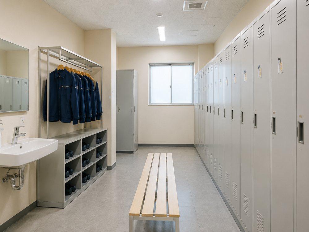清潔な更衣室のロッカーと作業着